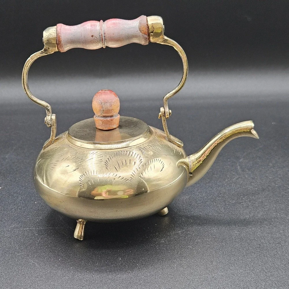 Vintage Etched Brass Miniature Teapot Tripod Feet Wood Handle Decorative 4.5in